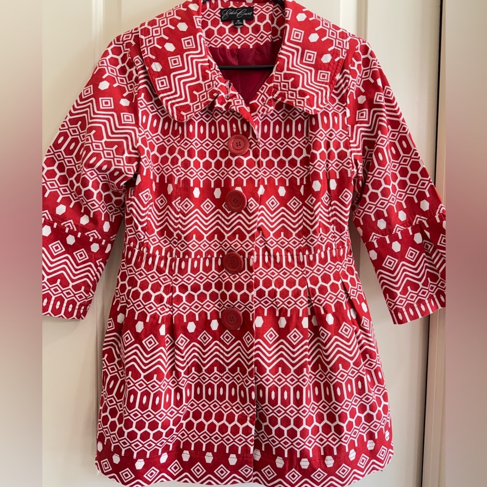 Eden Court Geometric Print Jacket Red White Button Front Size M